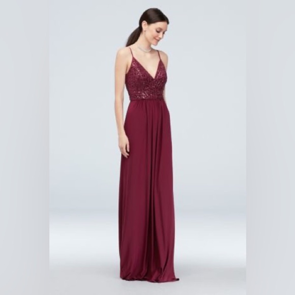Merlot Sequin Bodice Stretch David’s Bridal Bridesmaid Dress